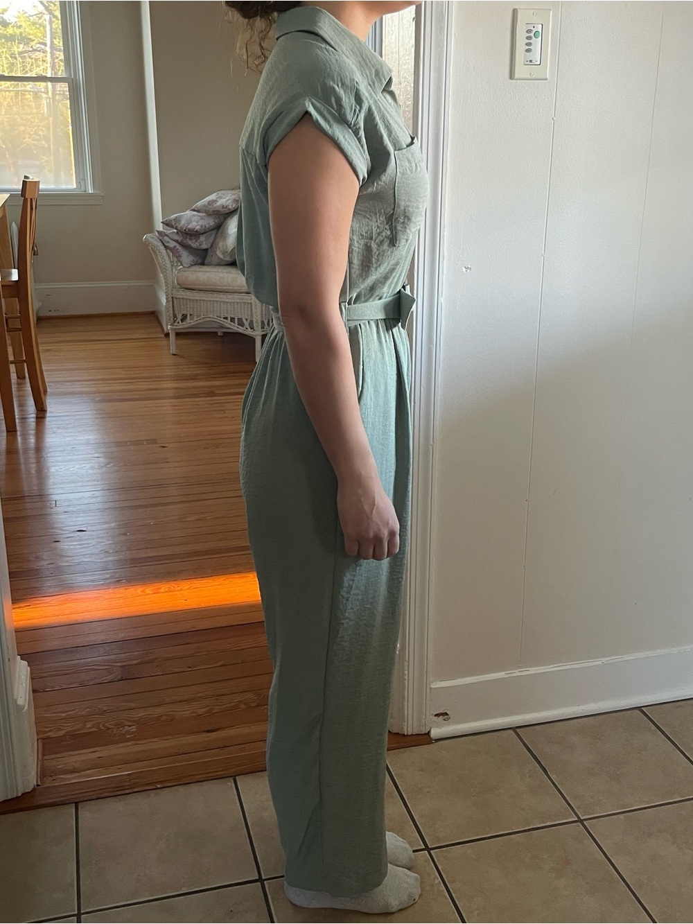 Monteau Sage Green Short-Sleeve Belted Jumpsuit - Picture 2 of 4